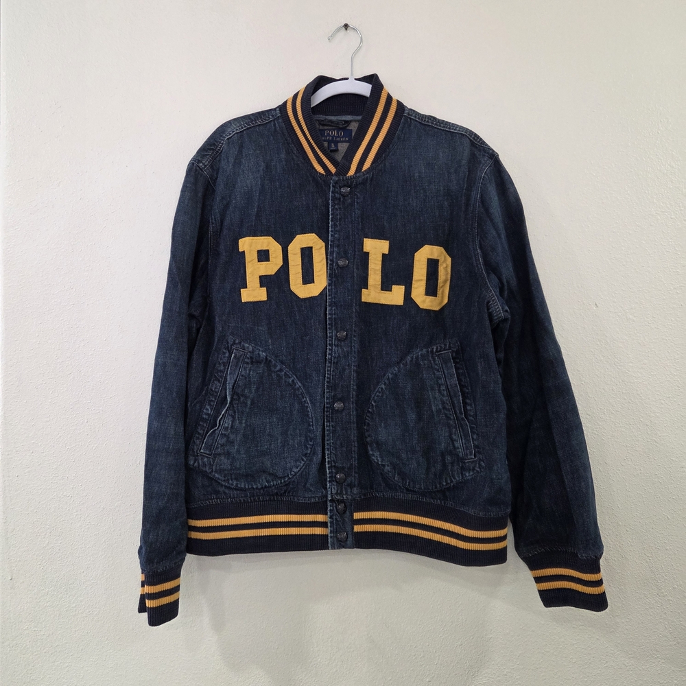 Polo by Ralph Lauren Denim Varsity Jacket with Yellow Accents - Picture 3 of 14